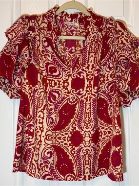 entro Red & Cream Paisley Puff-Sleeve Blouse